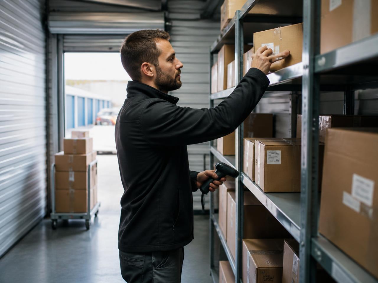 Orderpicker scant producten in het magazijn